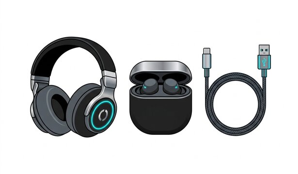 Wireless earbuds headphone and charging cable vector icon design for audio technology gadgets and electronic accessories on white background