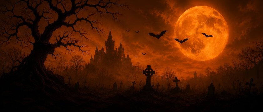 Eerie halloween landscape with cemetery and haunted castle under a blood red moon and flying banner format