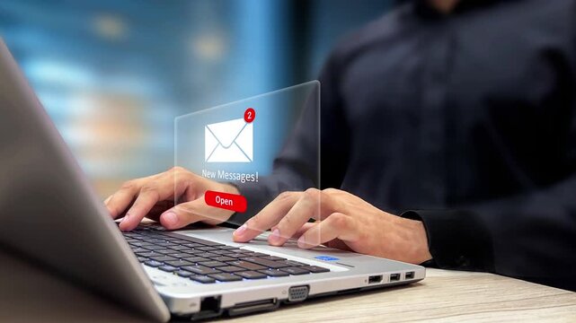 Person Using Laptop to respond to New Message Notification. Incoming Chat Alert, Digital Communication, Instant Messaging, Email Notification, Online Conversation, Social Media Message