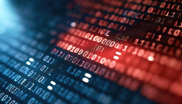 Abstract digital code in blue and red hues, close-up view