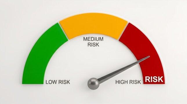 Risk level gauge indicator with needle pointing to high risk red zone, symbolizing extreme financial danger, crisis management, and critical analysis