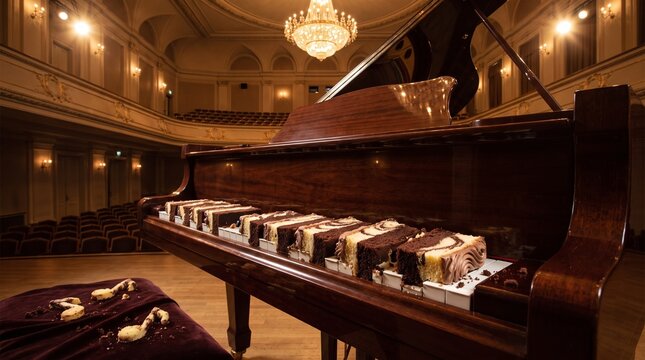 Surreal Grand Piano in Concert Hall with Keys Made of Chocolate Marble Cake