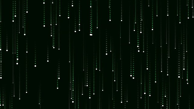 Green data stream lines with white particles falling downward in a vertical computer code simulation environment