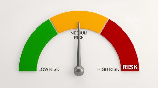 Risk level meter dial with needle pointing straight to medium risk yellow section, representing moderate business assessment, balance, and controlled safety.