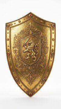 An ornate golden shield, intricately detailed with medieval heraldry and a central lion emblem, stands as a symbol of power and protection.