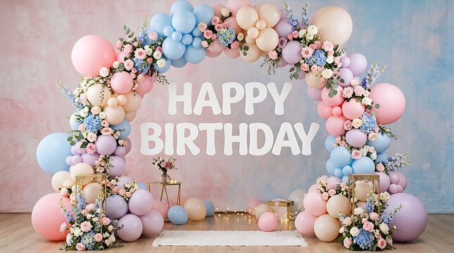 Happy birthday balloon arch with pastel flowers and letters. Decorative party garland for celebrations and greeting cards.