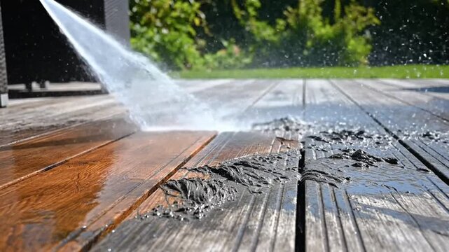 Power washing a wooden deck revealing clean boards and removing dirt, algae, and grime
