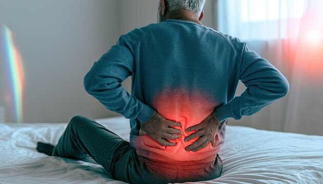 Person with lower back pain, highlighting area with red glow