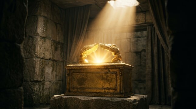 Golden Ark of the Covenant with cherubim. Religious symbol of ancient biblical history. Sacred artifact with two angels.