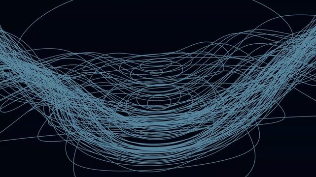 Light blue thin lines form complex overlapping circular geometric patterns on a dark navy blue field