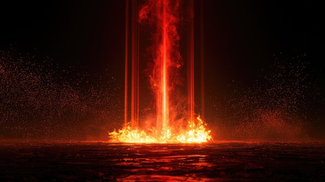 Intense fiery energy erupts from a dark surface, casting an orange glow