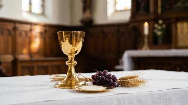 Holy communion elements: chalice, grapes, wheat, and host on an altar with church pews and stained glass window in background, illuminated by sunlight