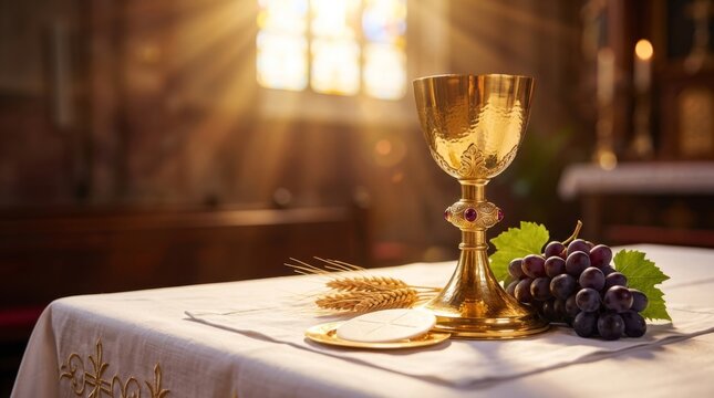 Holy communion elements: chalice, grapes, wheat, and host on an altar with church pews and stained glass window in background, illuminated by sunlight