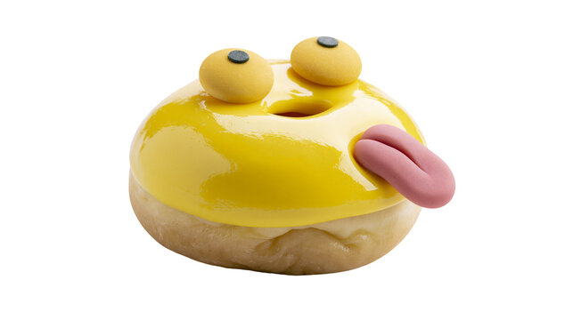 Funny yellow glazed donut with pink tongue and googly eyes, isolated on transparent background