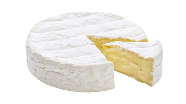 Whole round brie cheese with a slice cut out, isolated on transparent background