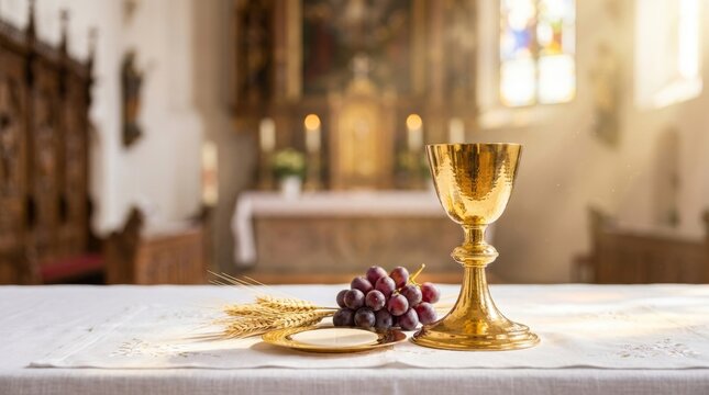 Holy communion elements: chalice, grapes, wheat, and host on an altar with church pews and stained glass window in background, illuminated by sunlight