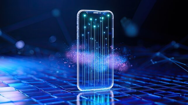 Futuristic smartphone glows with digital data streams on a textured background