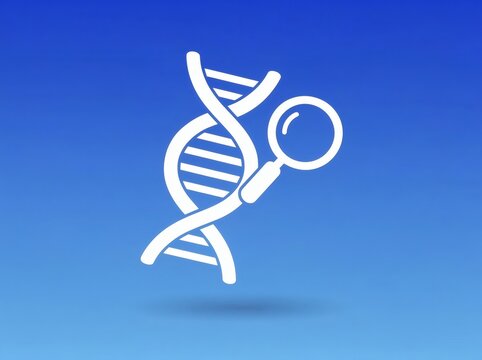 DNA double helix strand is analyzed by a magnifying glass icon for genetic research projects.