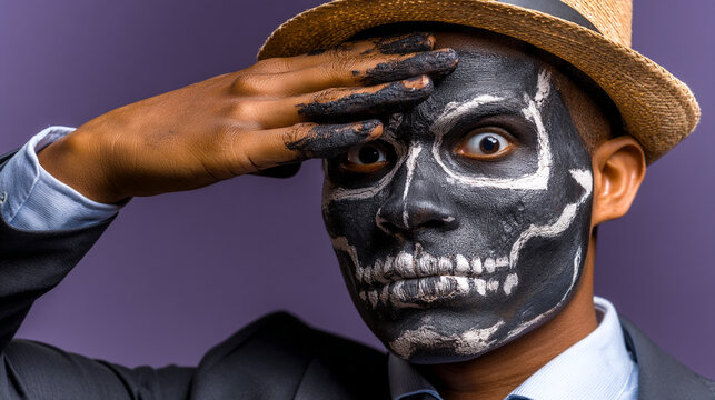 Man with skull face paint and fedora hat grim reaper halloween portrait day of the dead