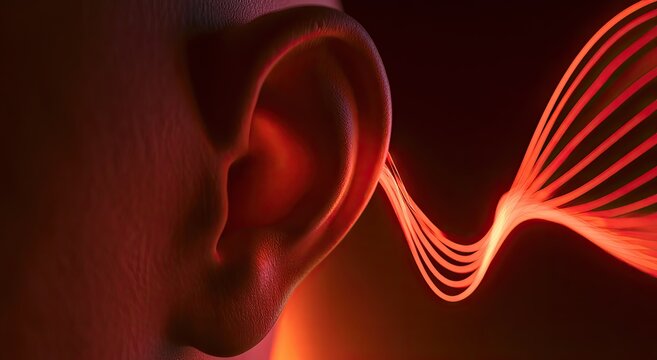 A human ear receives glowing red sound waves, signifying auditory perception