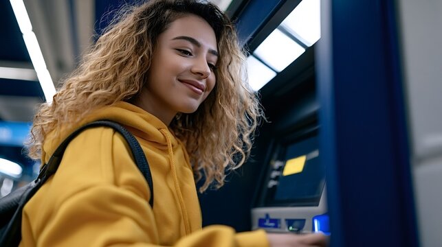 Young woman with curly hair wearing a yellow hoodie and backpack smiling while performing a financial transaction at an automated teller machine, managing her money and banking conveniently