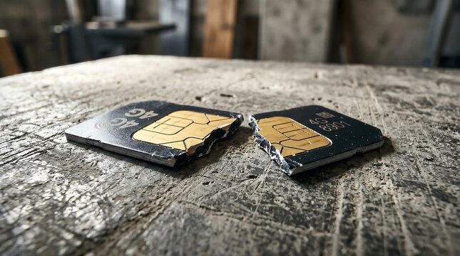 Broken SIM card on a rough surface. Damaged mobile chip representing connectivity failure.