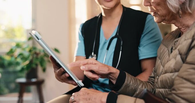 Caregiver, tablet and consultation for old woman, hands and explaining healthcare update on website. Assisted living, nurse and chat with senior person, online and review medical diagnosis with tech