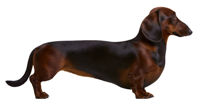 Smooth coat dachshund dog with brown and black fur, isolated on transparent background
