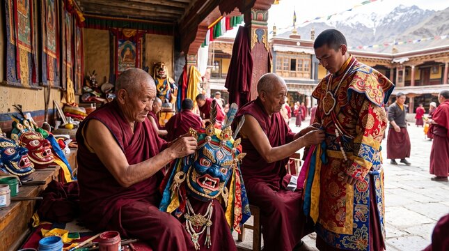 Senior Tibetan monks in red robes carefully preparing intricate ritual masks and traditional costumes inside a monastery courtyard