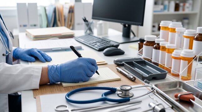 A doctor wearing blue medical gloves writing prescription notes on a notepad at a desk filled with pill bottles and medical tools
