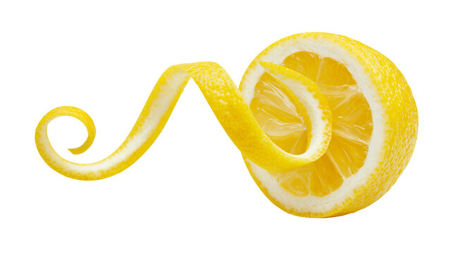 Bright yellow lemon half with a spiraled peel curl, isolated on transparent background