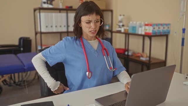 Woman holds lower back and types on laptop at a modern clinic desk wearing blue scrubs and stethoscope; physical strain fatigue.