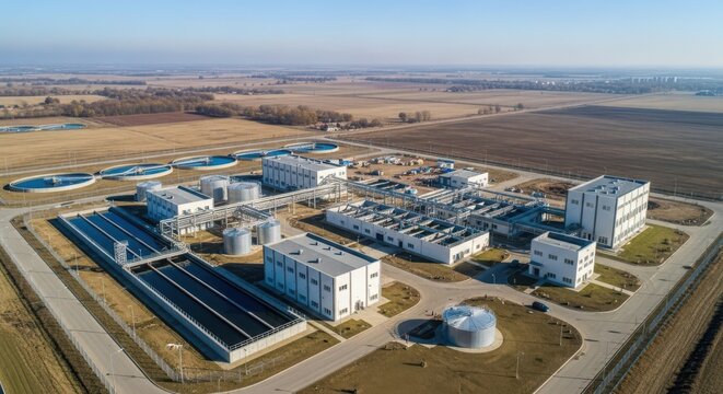 Expansive wastewater treatment facility complex under a clear sky, showcasing modern industrial infrastructure and water purification systems.
