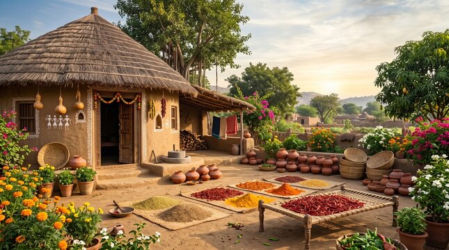 Sun-dried red chilies, spices, and grains arranged in a peaceful courtyard outside a traditional decorated Indian mud house