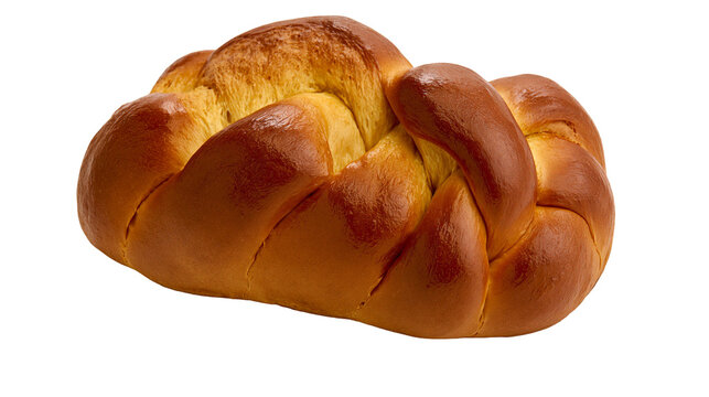 Golden brown braided challah bread loaf, isolated on transparent background