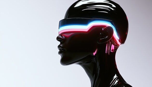 Sleek, glossy black head adorned with futuristic neon-lit visor