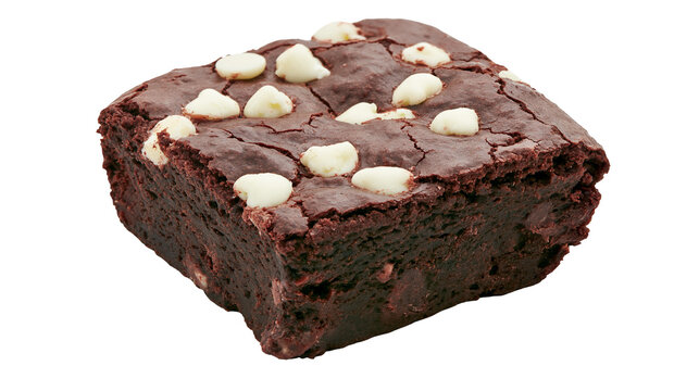 Rich dark chocolate brownie with white chocolate chips, isolated on transparent background