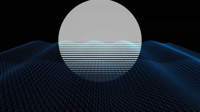Retro digital landscape featuring a glowing white sphere rising over blue wireframe ocean waves at night