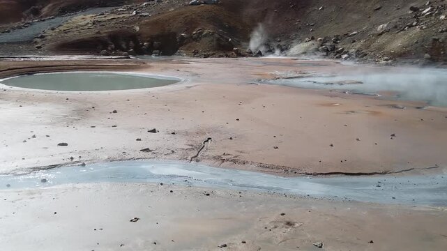 Aerial Drone View of Steaming Geothermal Hot Springs at Kr&yacute;suv&iacute;k Iceland Near Reykjavik