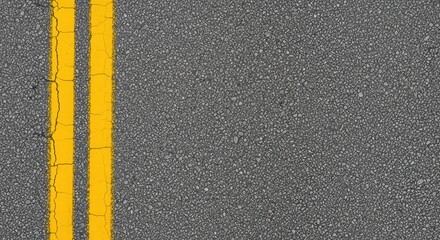 Fototapeta premium Top View of Textured Asphalt Road Surface with Double Yellow Lines for Transportation and Infrastructure Background