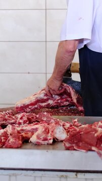 Complete butcher market process with fresh pork, beef, liver and lard, weighing, chopping, displaying and selling farm meat at traditional local marketplace