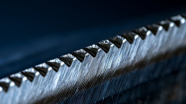 Macro view of sharp metal saw blade teeth.