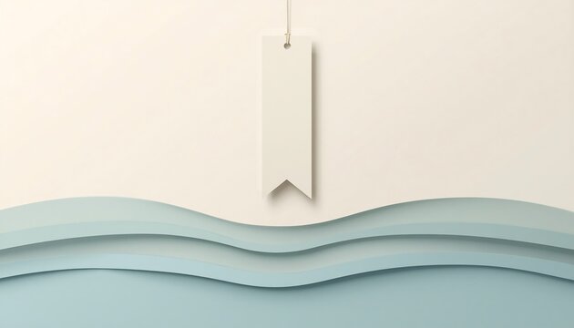 Minimal 2.5D papercut composition with blank cream paper tag hanging over light blue layered paper waves