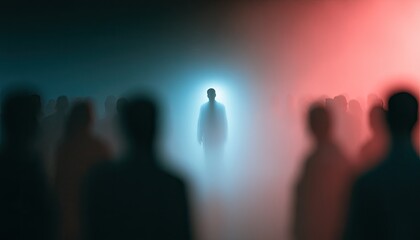 Fototapeta premium Illuminated figure stands out amidst a blurred, shadowy crowd