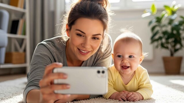 Mother and baby taking a selfie together at home sharing a warm moment of family bonding.