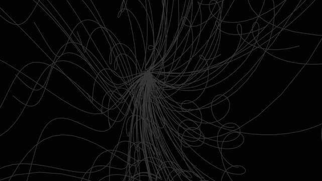 Thin grey lines flowing outwards from a central point creating complex tangled geometric network patterns