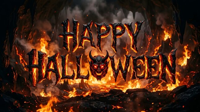Happy halloween text with a demonic face in a fiery hellish cave landscape