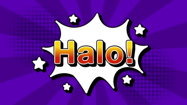 Halo text word lettering popup comic cartoon reveal with bomb and smoke explosion manga anime book page dots with radial speed lines doodle violet background with seamless loop animation retro	