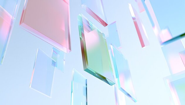 Iridescent glass planes drift and refract light against a soft sky
