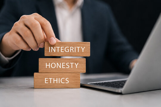 Integrity honesty ethics symbol. Businessman holding wood words Integrity honesty ethics. Business and Integrity honesty ethics concept.